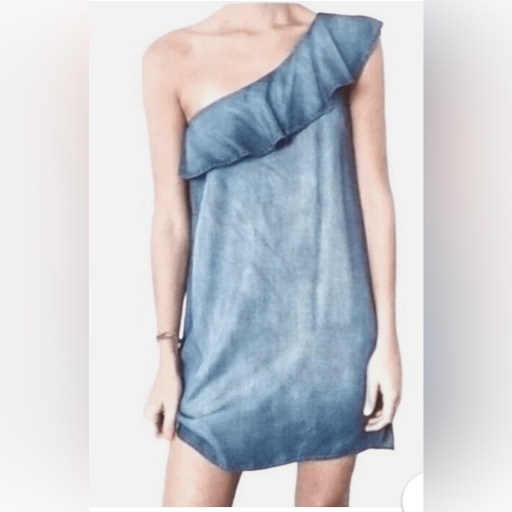 ANTHROPOLOGIE Cloth & Stone Blue Chambray Asymmetrical One-Shoulder Sheath Dress